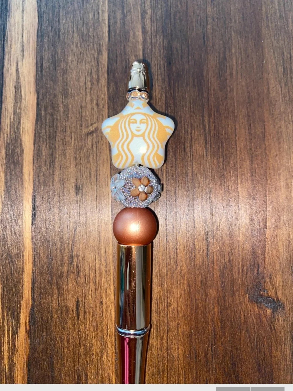 Star Motif Rose Gold Ballpoint Pen with Decorative Beads - Starbucks
